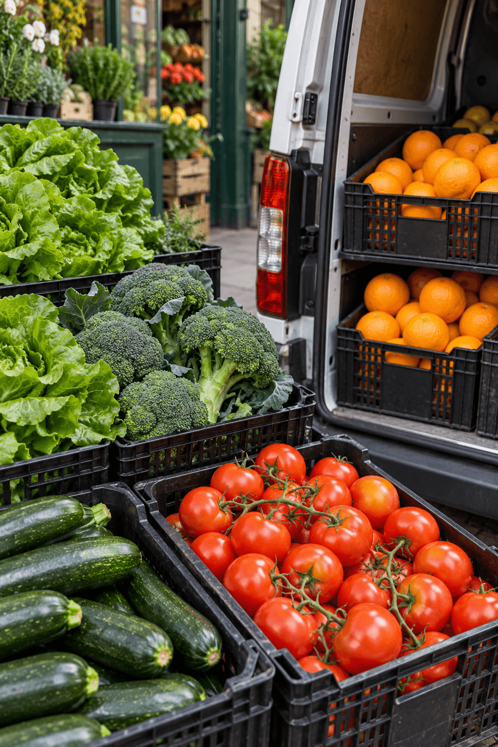 Fresh vegetables packed in delivery crates